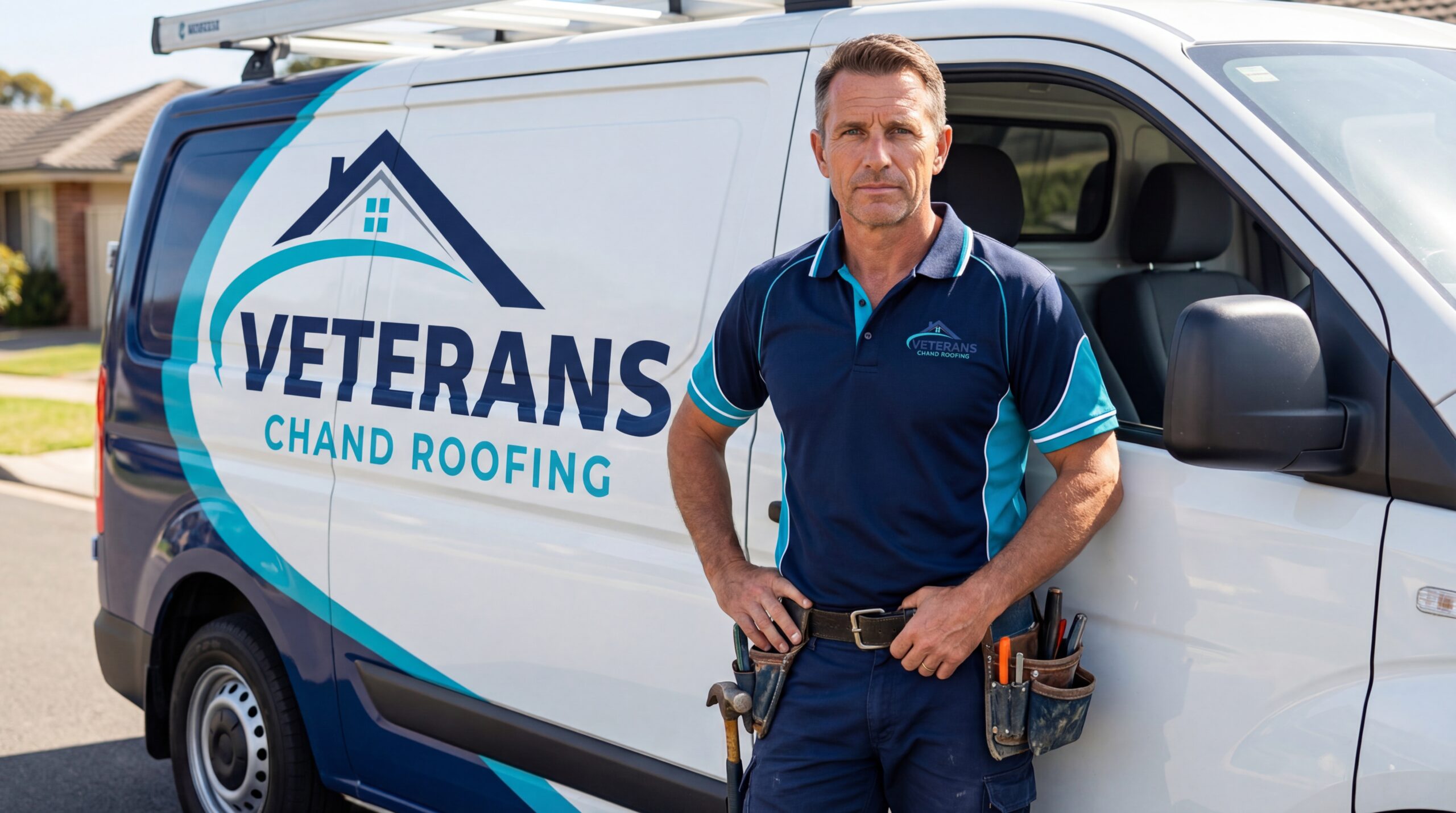 Veterans Chand Roofing technician beside fully equipped service van ready to serve Chandler AZ homeowners near you