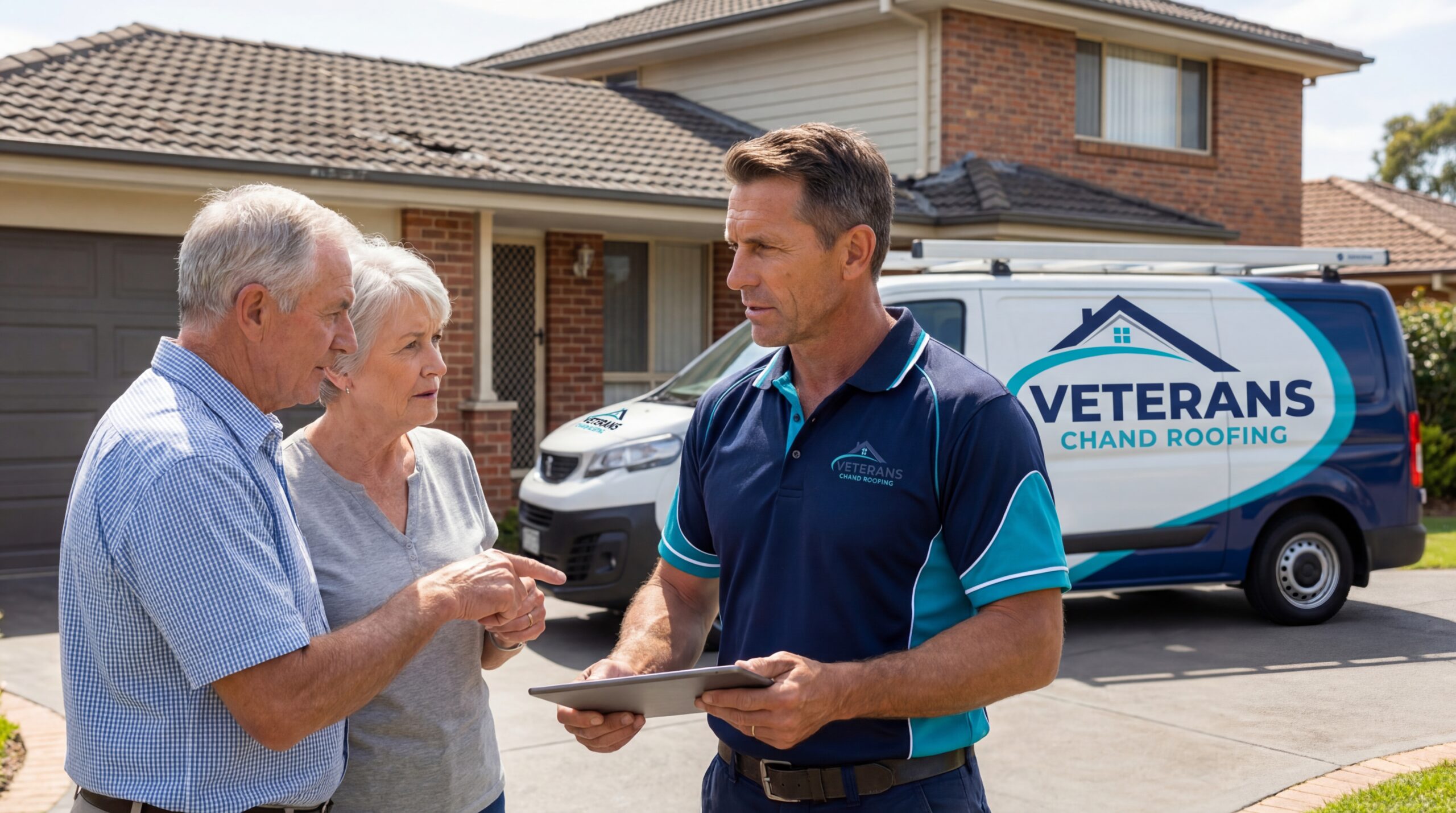 Veterans Chand Roofing technician meeting with Chandler homeowners to review roof inspection estimate