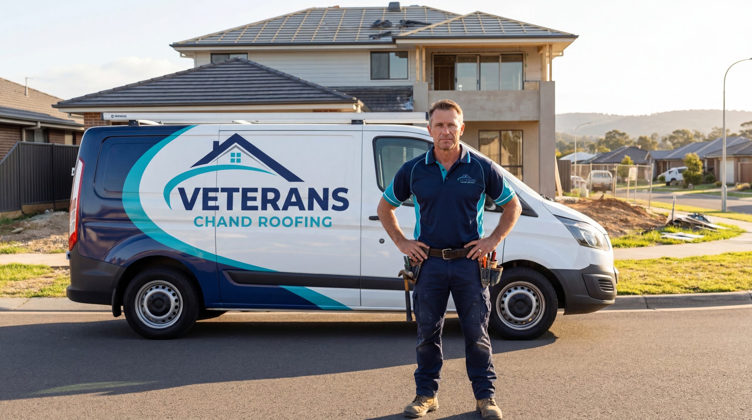 Veterans Chand Roofing technician and fully equipped service van arriving at East Valley neighborhood in Chandler AZ